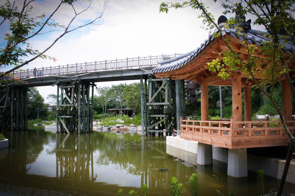 Little pond beneath the symbolic bridge between North and South Korea