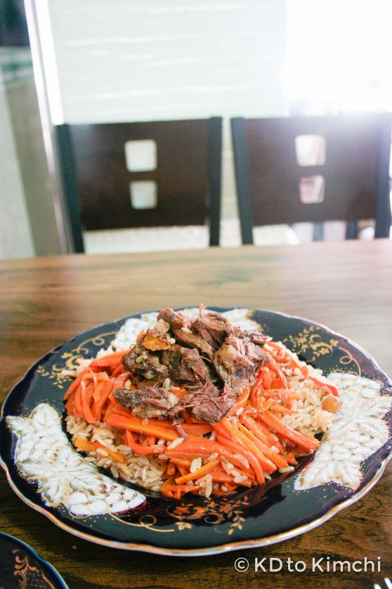 "Plov" - lamb meat, served on top of sliced carrots and a rice pilaf (7,000w / $7.00)