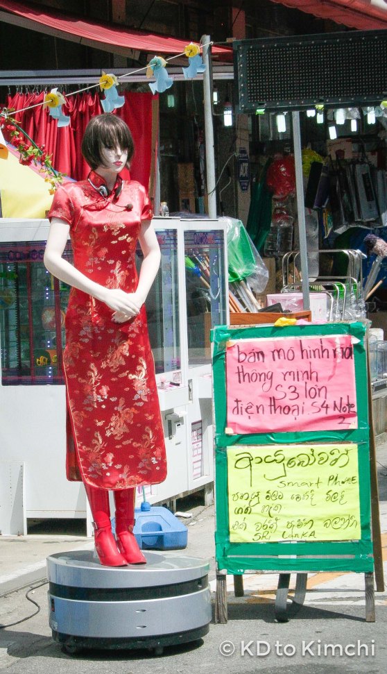 A Chinese-inspired model outside a cellphone shop