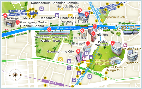 A map of Seoul's Jongno and Dongdaemun areas - Gwangjang Market is in the top-left corner (Photo: Visit Seoul)