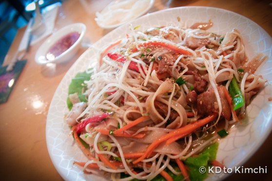 Stirfried noods with little pieces of samgyeopsal (Korean-style pork belly)